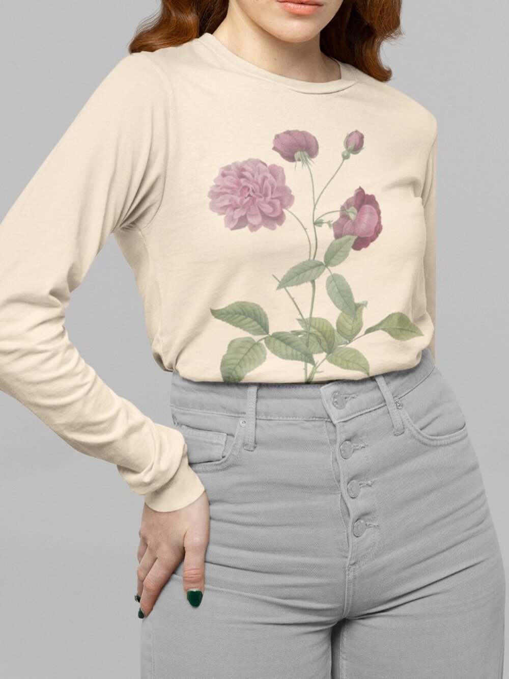 Rose Vintage Floral Print Long Sleeve Graphic Tee T-shirt S-XXL